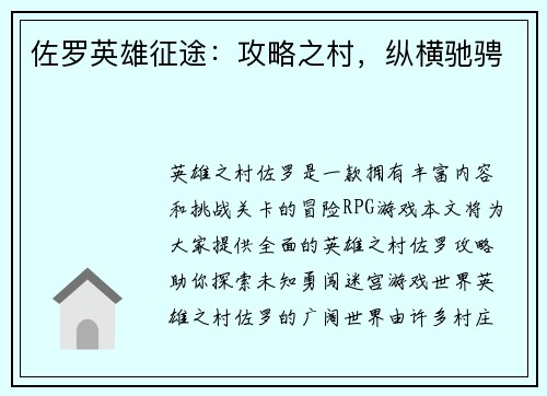 佐罗英雄征途：攻略之村，纵横驰骋